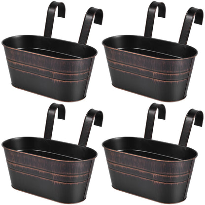 OBTANIM 4 Pack Metal Hanging Flower Pots Iron Railing Planter Outdoor Fence Hanging Pots Bucket Plant Holder with Detachable Hooks Drain Holes for Home Garden Yard Decor (Black)