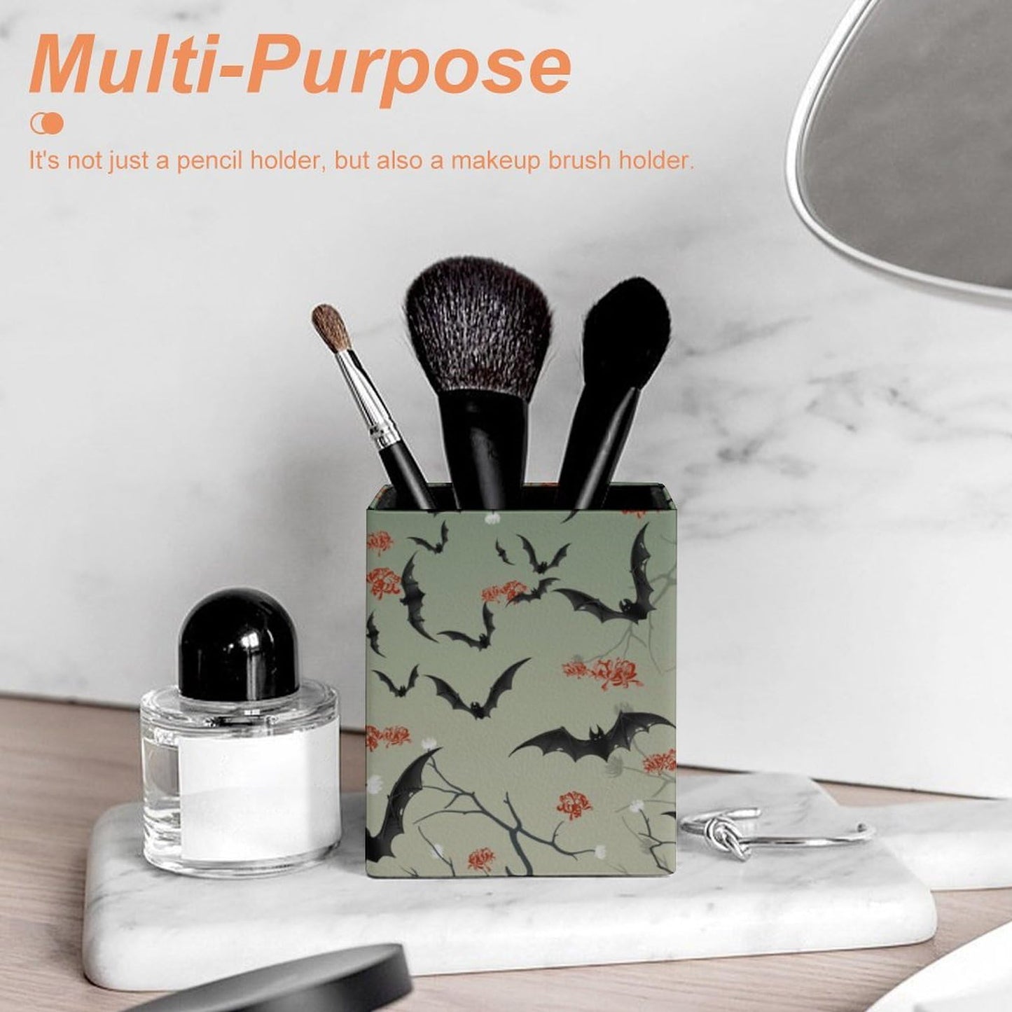 DerlonKaje Bats Square Leather Pen Holder, Minimalist Desk Organizer for Office Home School, Pencil & Stationery Storage Box, Gift for Students Teachers Colleagues
