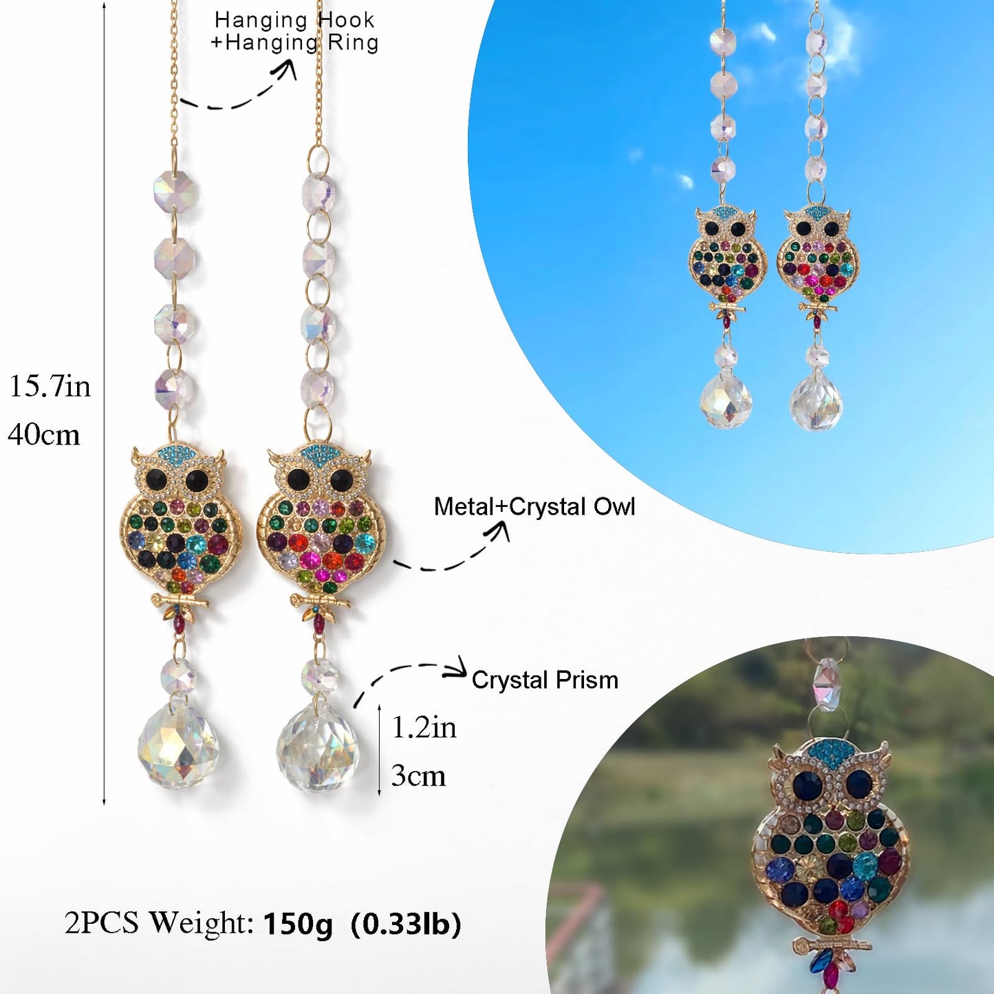 2Pcs Rhinestones Owl Crystal Suncatcher for Windows Hanging, 15.7In Prism Sun Catcher with Chain and Hook,Rainbow Maker for Home Garden Ceiling,Christmas Birthday Wedding Party Owl Gifts