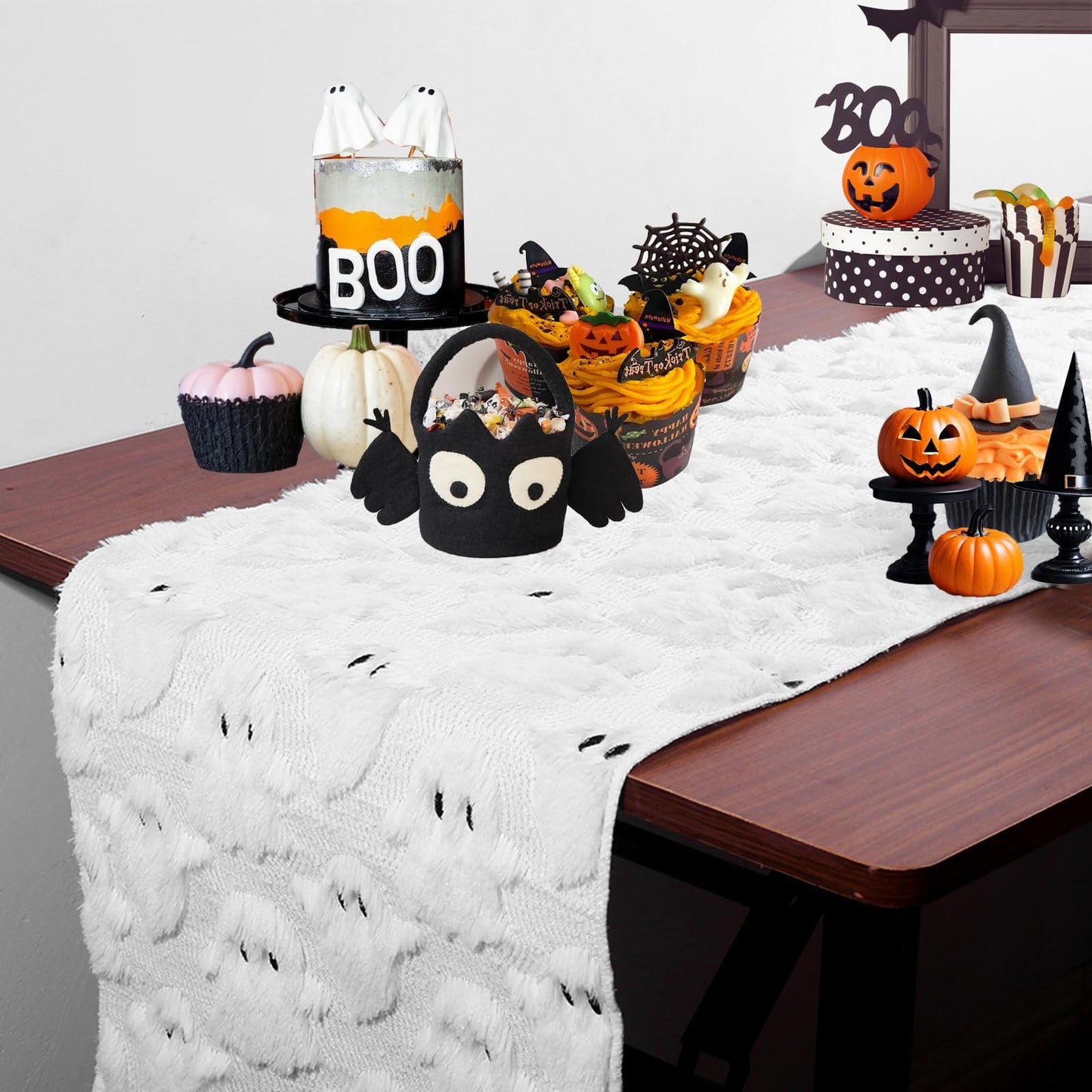 3D Halloween Indoor Decoration Table Runner - White Ghosts Soft Plush Faux Fur Fabric Holiday Home Kitchen Dining Party Table Decor 13x72 Inch Long