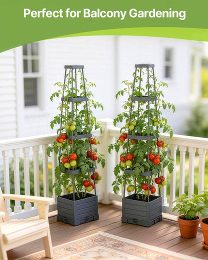 Suteck Raised Garden Bed Planter Box with Trellis, 2-Pack Self-Watering Tomato Planter with Adjustable Height Steel Support Frame for Climbing Plants, Tomato Cages for Patio, Balcony & Outdoor