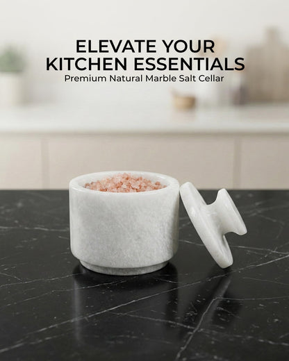 UrbanFocal Natural Marble Salt Cellar With Lid - Stone Salt Container And Stone Salt Holder, Spice Jars for Counter, Candy Jar & Spice Jar, White