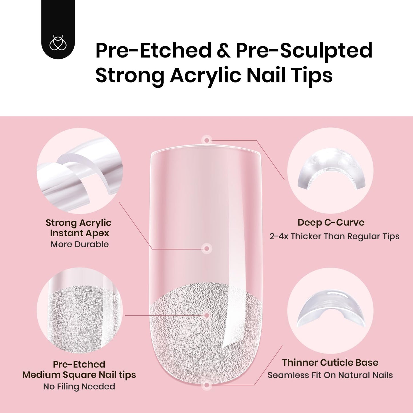 Beetles Tipex Instant Apex Nail Tips Kit, Coffin Long 224Pcs 16 Sizes Pre-Building & Pre-Etched Thicker Acrylic Nails False Nail Extension with Tipex Nail Glue Mini Nail Lamp