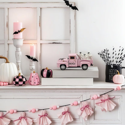 Halloween Decorations - Mini Cute Farmhouse Style Halloween Metal Truck Decor with 3 Removable Mini Ghost Ornaments for Tabletop, Tiered Tray, Shelf, Fireplace and Home Indoor Décor(Halloween-Pink)
