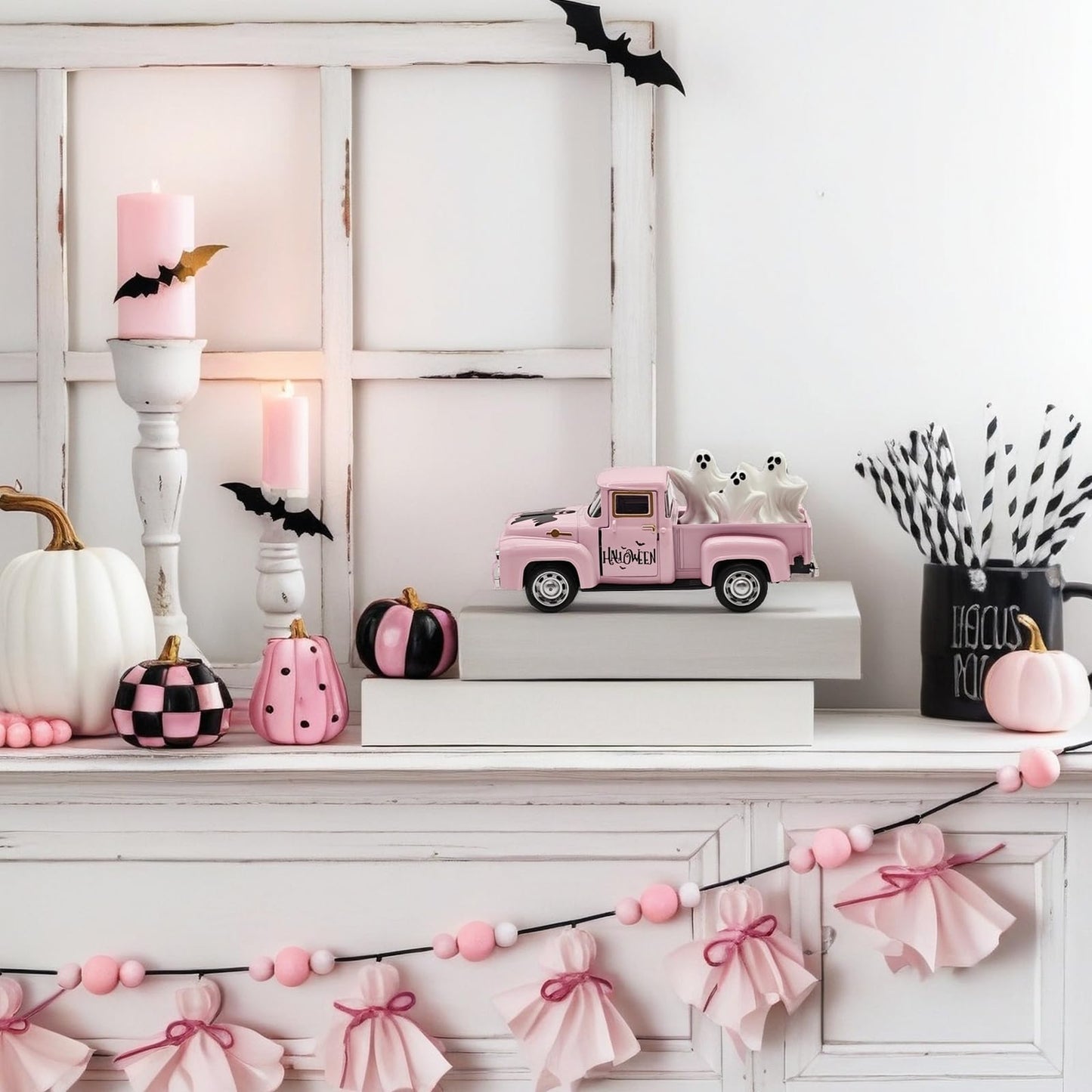 Halloween Decorations - Mini Cute Farmhouse Style Halloween Metal Truck Decor with 3 Removable Mini Ghost Ornaments for Tabletop, Tiered Tray, Shelf, Fireplace and Home Indoor Décor(Halloween-Pink)