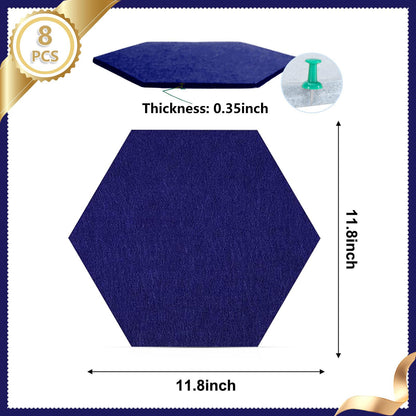 8 Packs Royal Blue Hexagon Felt Pin Board, 12" Bulletin Board with 30 Push Pins, Felt Board for Home Kitchen Office Decor, Self-Adhesive Corkboard Tiles for Walls School Message Photos Memos