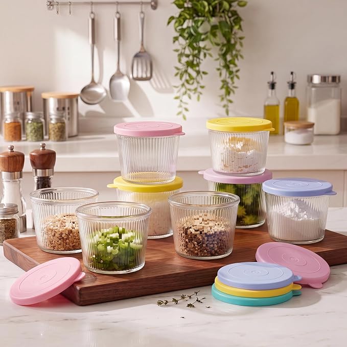 4 Sets Small Glass Bowls with Pastel Lids 6.8oz Ribbed Clear Glass Containers Stackable Dessert Custard Pudding Cups Condiment Bowls for Sauces Dips Nuts Oats Candy Dessert Cereal