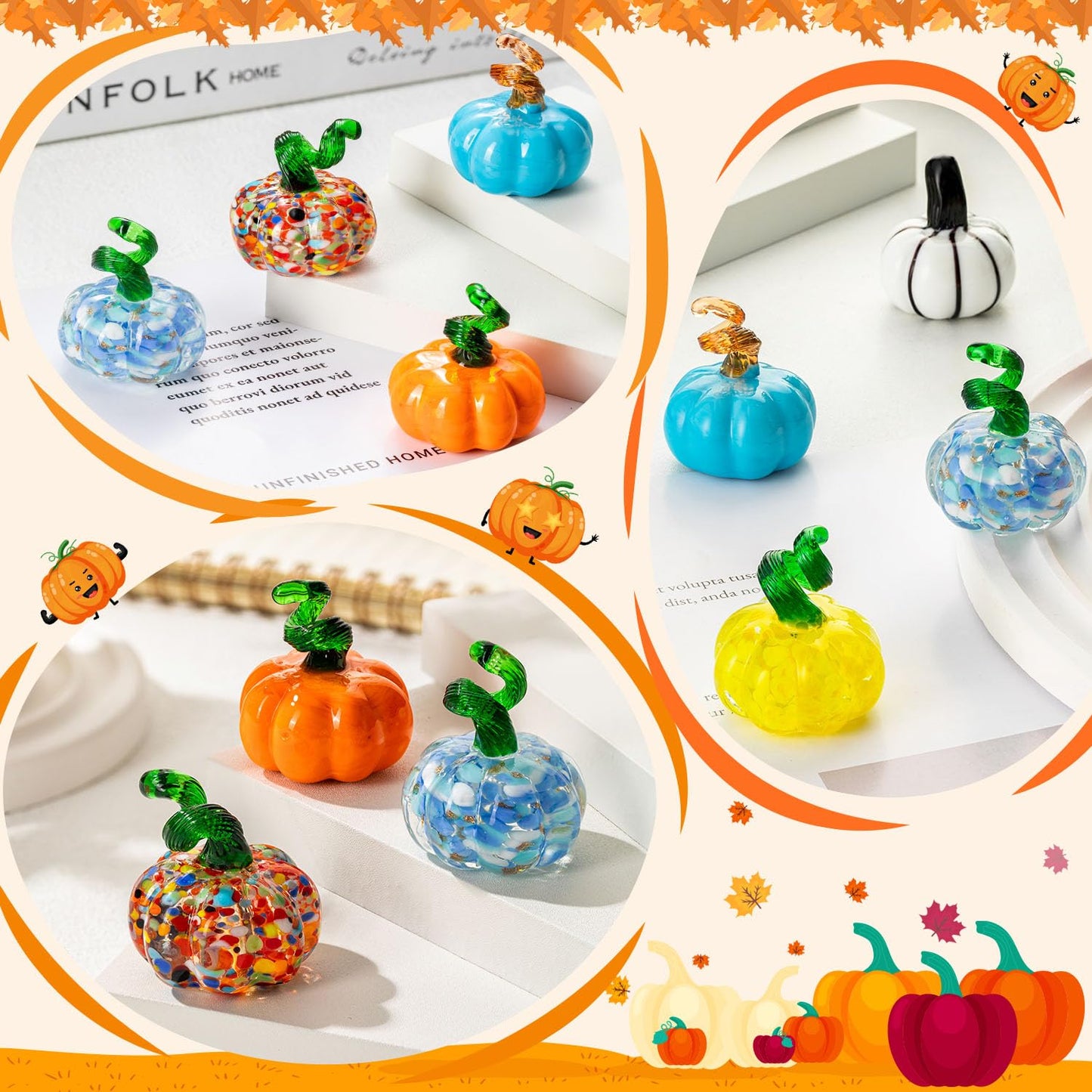 ALDMIO 6 Pcs Halloween Hand Blown Glass Pumpkin Decorations, Mini Pumpkins Halloween Pumpkin Figurines, Glass Fruit Decor for Thanksgiving Ornament, Fall Harvest and Collectible Figurine Present