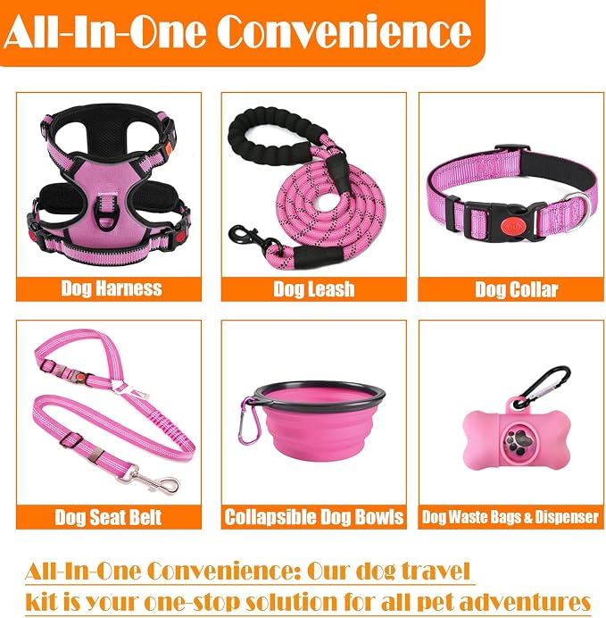 LOBEVE No Pull Dog Harness, Collar & Leash Set | Includes Dog Seat Belt, Collapsible Bowls & Poop Bag Dispenser. Ideal for Training, Walking, Hiking. Fits Small to Large Dogs(Pink-XL)