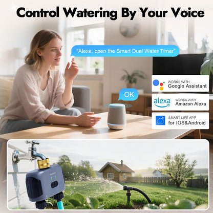 WiFi Water Timer for Garden Hose with Brass Inlet,Smart Hose Timer with WiFi Hub, APP & Voice Control,Up to 20 Watering Plans, 2-Zone Sprinkler Drip Irrigation System Controller for Yard Lawn Watering
