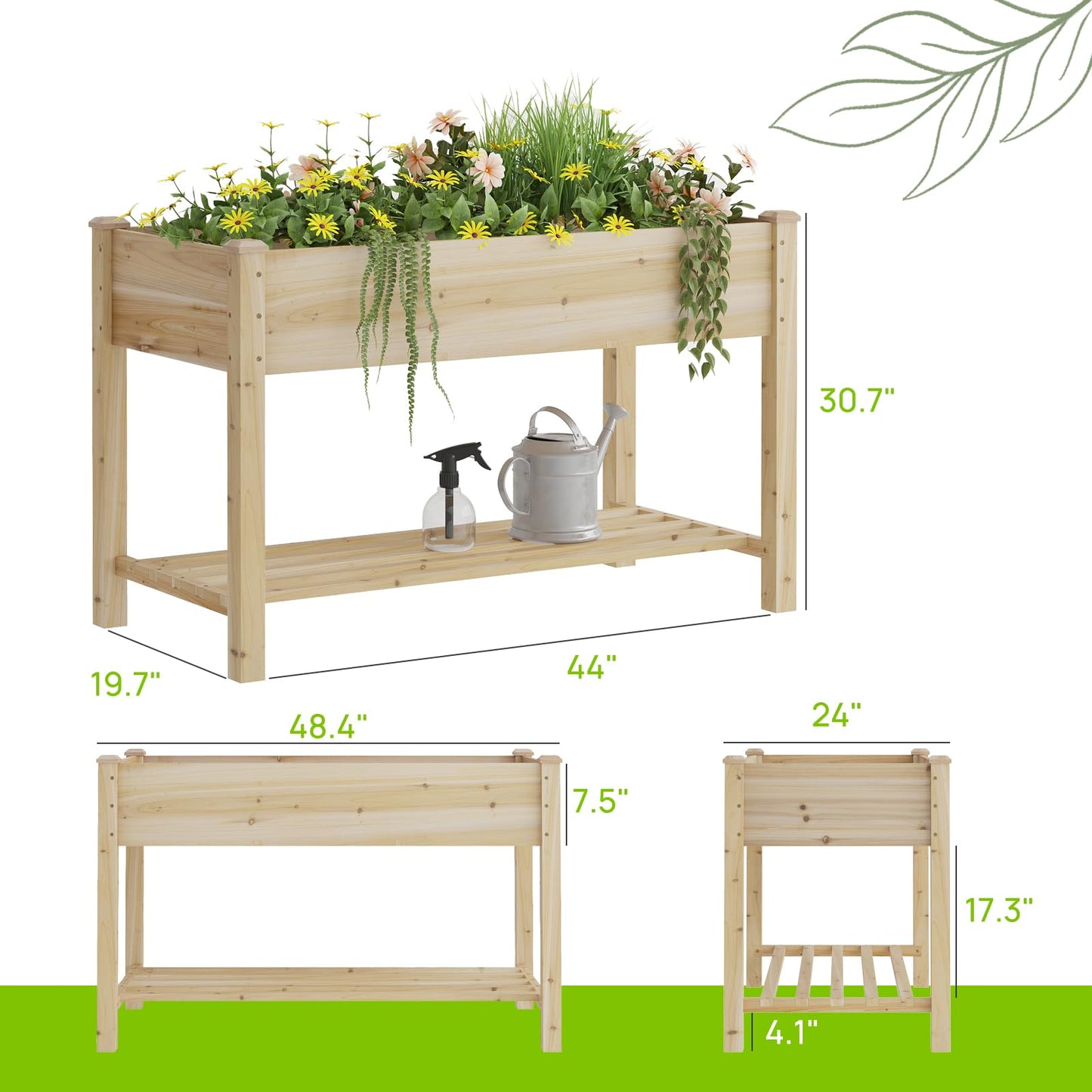 48x24x30.7 Wood Raised Garden Bed with Legs Wooden Planter Box with Storage Shelf Elevated Wood Planter Box for Vegetables Flowers Herbs Garden Planter for Backyard Patio Balcony (Natural, Medium)