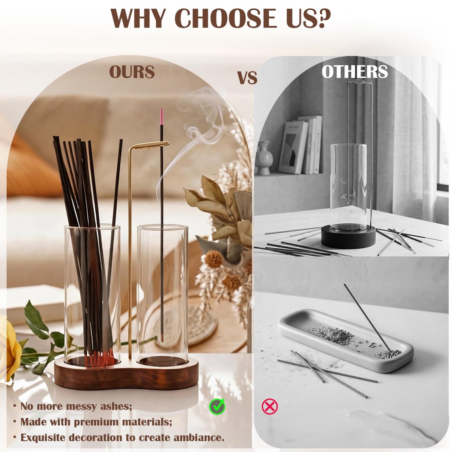 2 in 1 Mess-Free Hanging Incense Holder for Sticks, Anti-Ash Glass Incense Burner with Wooden Tray, Vertical Brass Stand Catcher, Aesthetic Zen Room Decor for Aromatherapy and Meditation