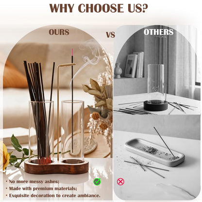 2 in 1 Mess-Free Hanging Incense Holder for Sticks, Anti-Ash Glass Incense Burner with Wooden Tray, Vertical Brass Stand Catcher, Aesthetic Zen Room Decor for Aromatherapy and Meditation