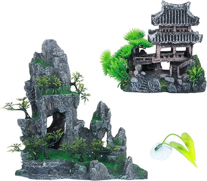 Saim Extra Large Aquarium Decorations, Resin Castle and Artificial Rock with Plants (Ancient Temple with Mountain) Fish Hideout Cave for Amano Shrimp Cichlid to Play, Hide and Rest Hardscape
