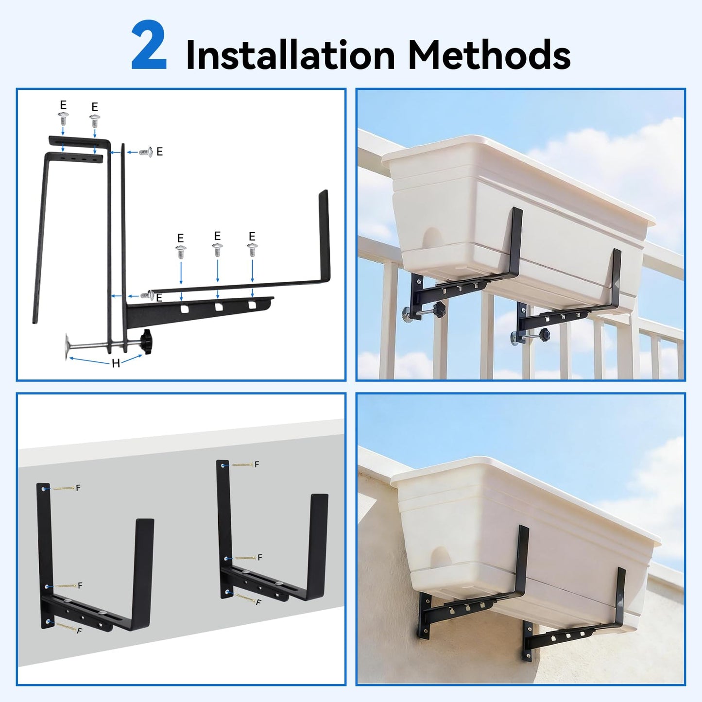 Halatool Railing Planter Box Brackets Outdoor, 4 Pack Adjustable Flower Planter Window Box Brackets, Heavy Duty No Drill Window Box Brackets with 65 lb Capacity for Railings Balcony Porch Fence