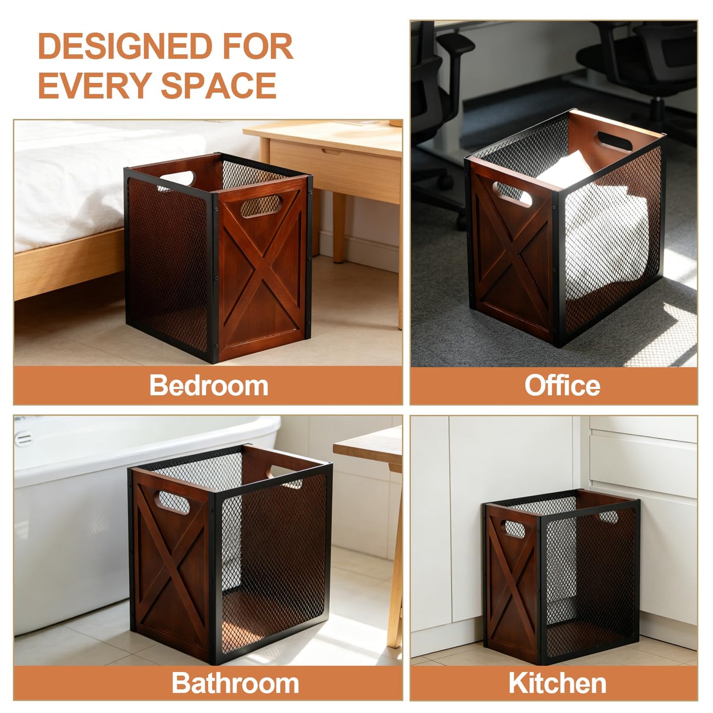 Rustic Office Trash Can - Rectangular Waste Basket with Iron Mesh, 4.5 Gallon Wooden Garbage Can, Bathroom Garbage Bin with Handles, Decorative Trash Can for Home Office Bedroom