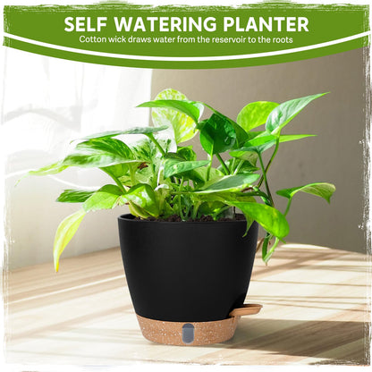8 Inch Self Watering Pots for Indoor Plants, Plastic Planters with Deep Reservoir & Drainage Holes, Flower Pots for Monstera, Snake Plant & Peace Lily, Worry-Free Vacation Care (Black, 8 inch)
