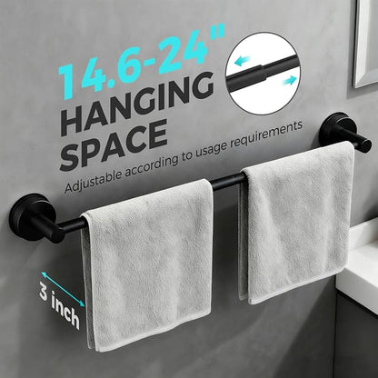 Adjustable Suction Cup Towel Bar for Bathroom Wall,14.6Inch~24 Inch Towel Racks for Bathroom,Stainless Steel Bath Towel Holder for Shower(Matte Black)