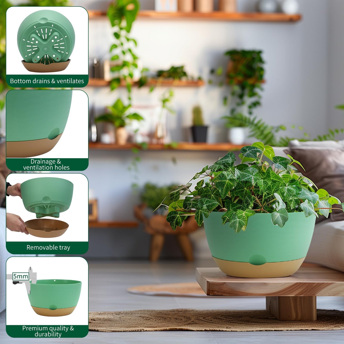 Koalaime 8/10/12 Inch Pots for Indoor Plants, Large Self Watering Planters with Drainage and Saucers, Plastic Outdoor Flower Pot, Set of 3, Green