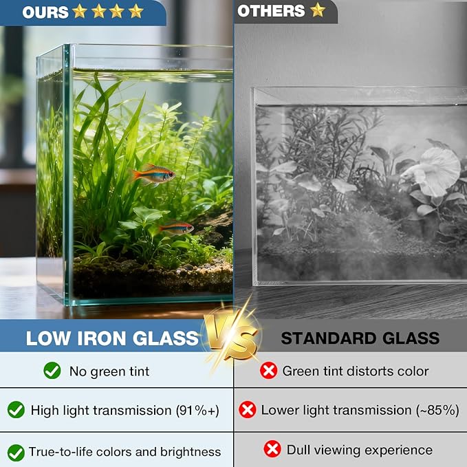 5 Gallon Glass Fish Tank, Nano Aquarium Fish Tank, Rimless Low Iron Aquarium for Betta/Turtle/Goldfish/Snails/Shrimp and Aquatic Planting