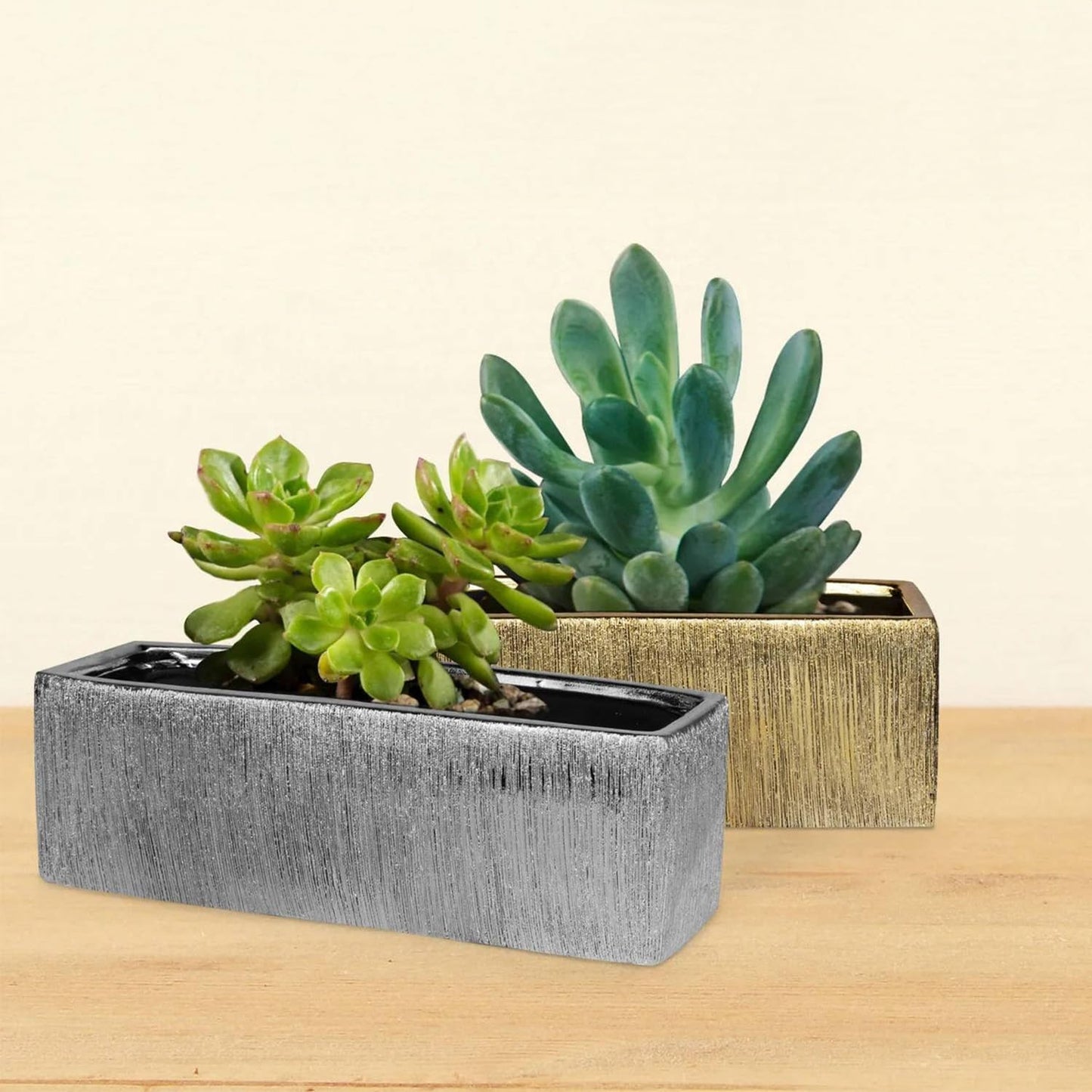 WGVI Long Rectangle Ceramic Planter Vase in Silver Etched 12" x 4" x 4"H, Block Rectangular Terrarium Box Pot, Flower Arrangement, Table top Centerpiece, Home Decor Storage Container, 1 Pc.