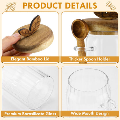Suclain 3 Sets Glass Coffee Sugar Tea Canister 27 oz Airtight Food Storage Jar with Wooden Lid Spoon Shelf Labels Clear Glass Container for Sugar Coffee Bean Holder Salt Tea Housewarming Gift