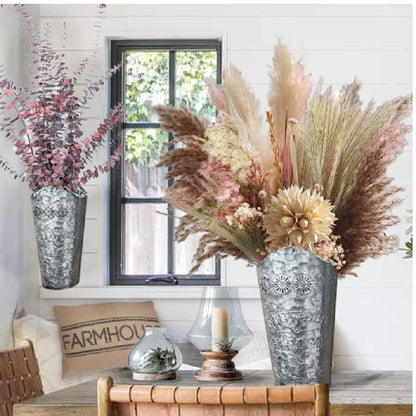 Lily's Home Set of 2 Rustic Farmhouse Galvanized Metal Wall Planters, with Floral Accents for Indoor or Outdoor Artificial Greenery. Rustic Hanging Flower Holders Wall Decor