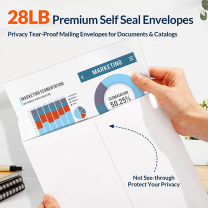 SUNEE 10 x 13 Self Seal Catalog Envelopes, 28lb White Security Mailing Envelopes, Ultra Strong Quick-Seal for Documents, Office & Business Use, 100 Pack