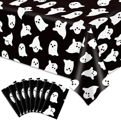 JarThenaAMCS 8 Pcs Halloween Plastic Tablecloths White Black Ghost Disposable Table Cover Spooky Rectangle Table Cloth for Trick or Treat Party Decor, 54 x 108 Inch