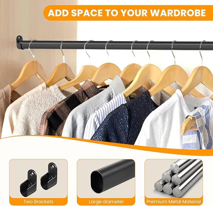 Oval Closet Rod for Hanging Clothes Adjustable Closet Rods 18 to 52 Inch Heavy Duty Black Poles Bar Closet Rod Expandable for Wardrobes Laundry RV