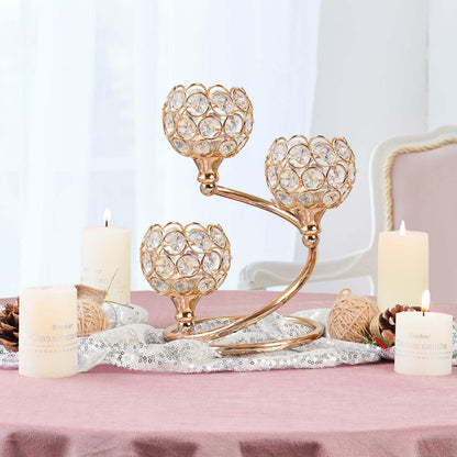 KEHAIL Metal Crystal Candle Holder Set of 2 - Elegant 3-Arm Metal Tea Light Centerpiece with Shining Crystal Bowl, Wedding Anniversary Table Decor for Dining, Party (Gold, 2 Pcs 3 Arm)