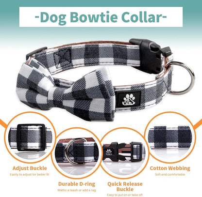 IVY&LANE Dog Collar with Bowtie and Leash Set | Plaid Adjustable Dog Collar | Detachable Bow Tie |5 FT Dog Leash | for Small Medium Large Dogs | Checkered Black | Medium
