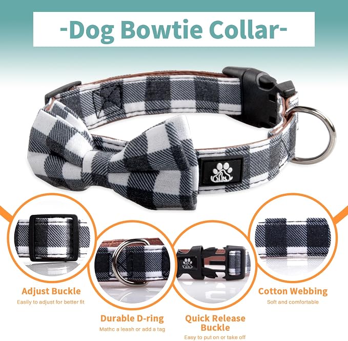 IVY&LANE Dog Collar with Bowtie and Leash Set | Plaid Adjustable Dog Collar | Detachable Bow Tie |5 FT Dog Leash | for Small Medium Large Dogs | Checkered Black | Large