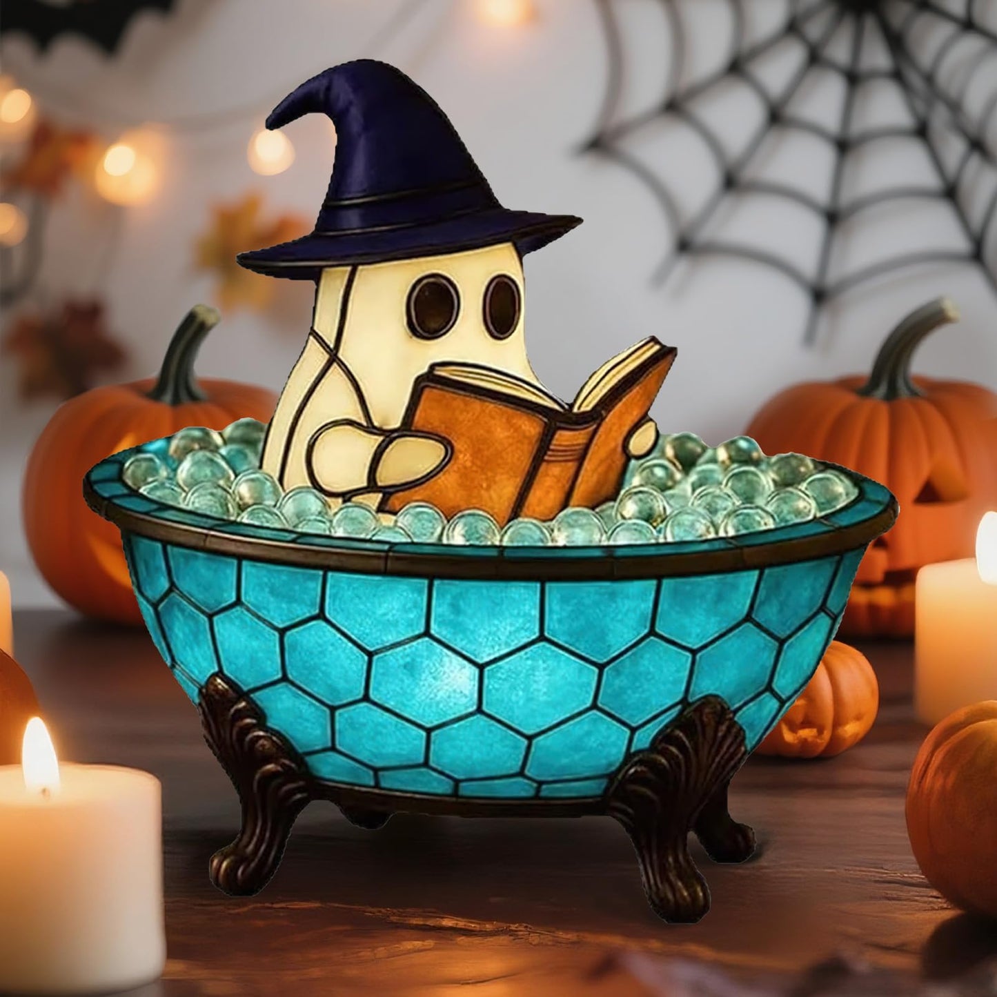 oyeftp Halloween Ghost Bubble Bath Lamp, Cute Bathtub Ghost Night Lights for Halloween Decor, Reading Books Nightlight, Halloween Decorations for Indoor Readers & Book Lover Desk Home Party