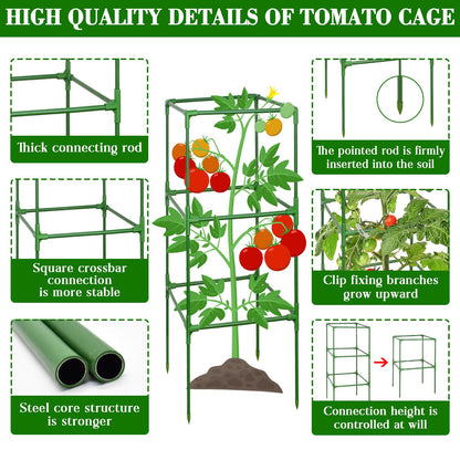 ZeeDix Tomato Cages with Bird Netting Set - 6 Pack 60 Inches Heavy Duty Tomato Cages + 6 Pack 57 Inches Garden Mesh Barrier for Tomatoes Climbing Vegetables Flowers