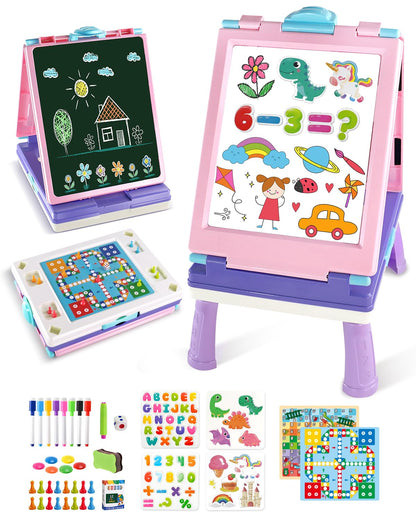 Elovien Easel for Kids, 4 in 1 Double Sided Toddler Art Easel with Chalkboard & Magnetic Whiteboard, Foldable Kid Tabletop Easel with Drawing & Writing Accessories - Educational Gift for Girl (Purple)