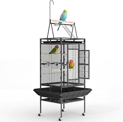 Large 82" Parrot Cage with Wheels, Play Top & Rope Perch - Spacious Flight Bird Cage for Parakeets, Cockatiels, Conures - Powder-Coated Speckled Black