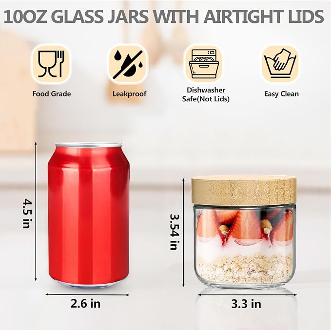 TBWIND 12 Pack 10oz Glass Jars with Bamboo Lids, Spoons, Airtight Overnight Oats Containers, Salad & Yogurt Storage, Mason Jars for Snacks, Spices, Meal Prep – Reusable