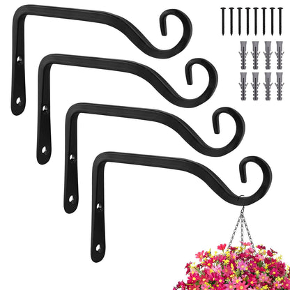 ROPCIA Plant Hangers Outdoor 4 Pack 10 Inch Metal Hanging Plant Bracket Metal Hanging Plant Hooks Indoor, Wall Hooks for Hanging Plants, Bird Feeder, Flower Basket, Wind Chimes Black (4PCS)