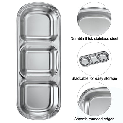 uxcell 4 Pack Stainless Steel Dish Dipping Bowls with Rectangular Compartment Divided, Metal Seasoning Plate Dipping Bowl for Condiment Home Party Restaurant Picnic Travel, Silver