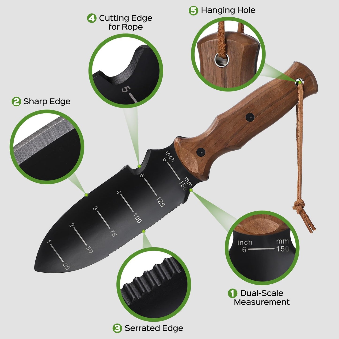 Hori Hori Garden Knife, Garden Tools Trowel with EDC Sheath, Gardening Tools for Weeding Digging Planting with 7" Stainless Steel Blade,Dual-Scale Measurement,Hanging Hole, Gifts for Women Mom Men Dad