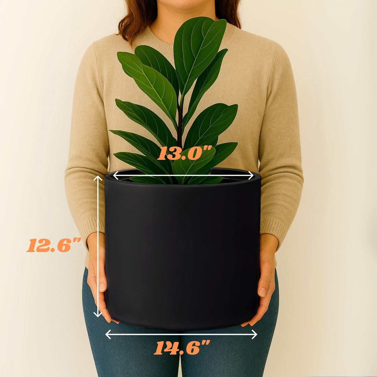 Fox & Fern Large 15 Inch Planter - Premium Lightweight Fiberstone Black Plant Pot with Drainage Plug; Ideal for Indoor and Outdoor Plants