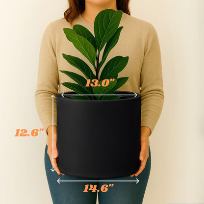 Fox & Fern Large 15 Inch Planter - Premium Lightweight Fiberstone Black Plant Pot with Drainage Plug; Ideal for Indoor and Outdoor Plants
