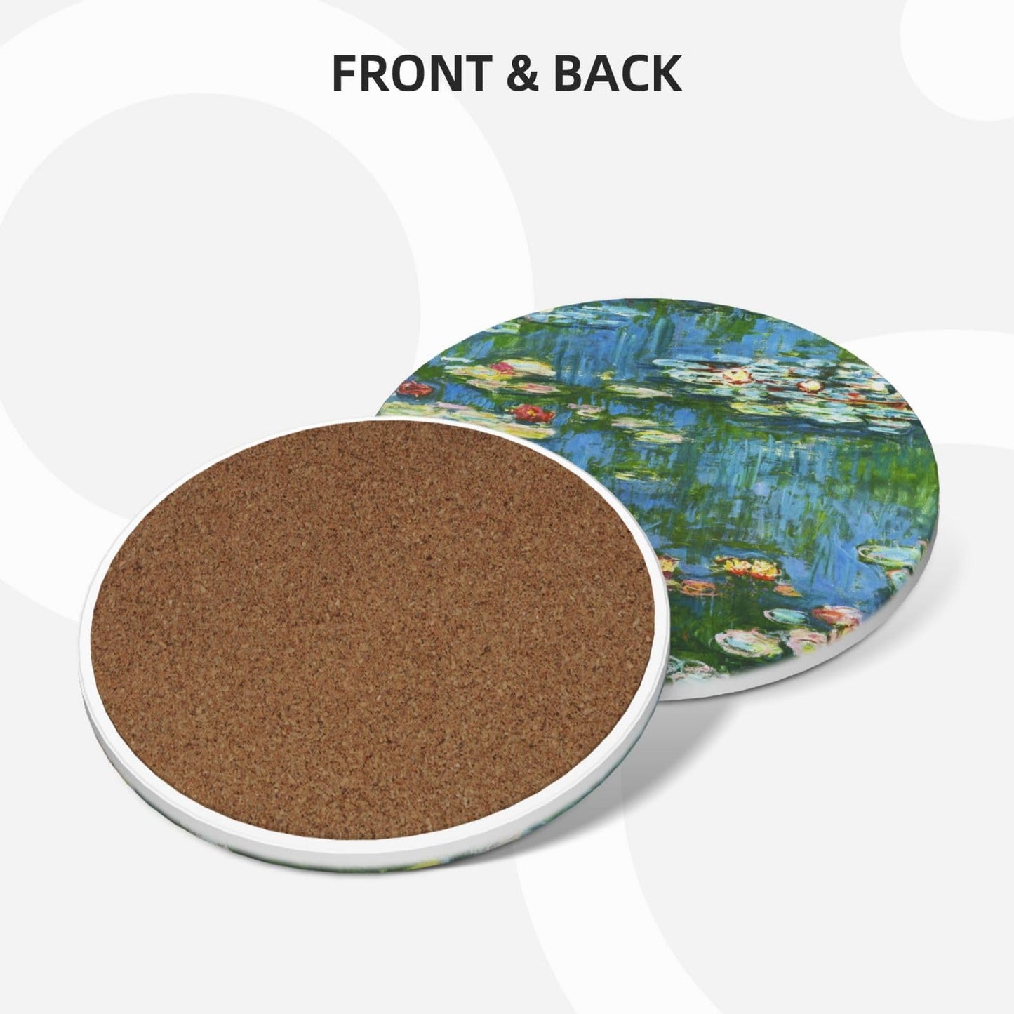 Ceramic Absorbent Art Coasters with Golden Holder Cork Base Set of 6 - Use 6 Famous Paintings, Unique Housewarming Gifts for Home Decorative (Claude Monet - Round - 2)