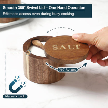 Timtopno Salt Cellar, Acacia Wood Salt Container with Built-in Spoon & Swivel Lid, Engraved SALT Box, Salt Holder Bowl for Countertop Seasoning Storage