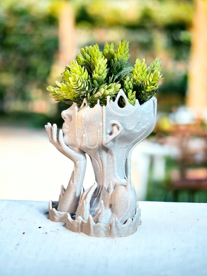 Woman Head Planter face Flower Pot Melted Sculpture Art Girl Succulent Plant Lover/with-Drainage Hole houseplants and drip Tray Included [Marble Stone Color]