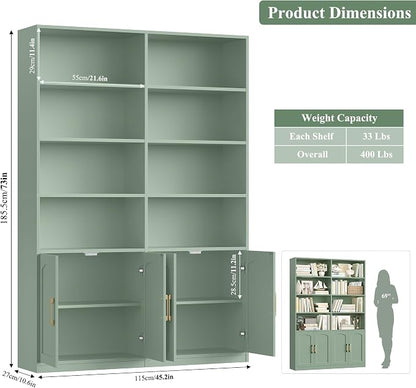 FACBOTALL Bookshelf and Bookcase with Doors, 6 Tier Double Wide Large Bookshelves, Open Display Shelves, 73'' Tall Bookshelf with Storage Cabinets for Home Office, Living Room, Library, Green