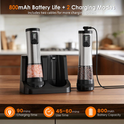 Rechargeable Electric Salt and Pepper Grinder Set with LED Light, 5-Level Adjustable Coarseness, 2-Speed Automatic Mills, 2 x 100ml Large Capacity, Black