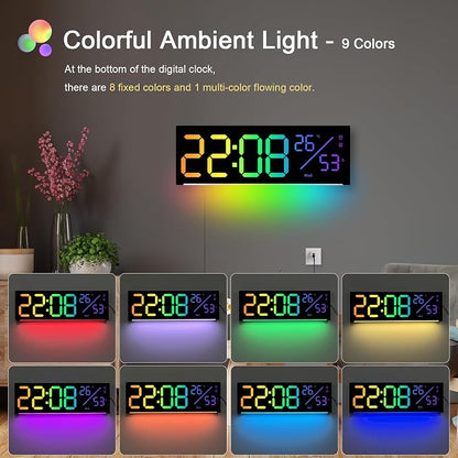 JoFomp 12" RGB Color LED Digital Wall Clock with Remote Control, Seconds Display, Plug-in Digital Alarm Clock with Auto Brightness, DST, Temp, Digital Clock for Living Room, Bedroom, Classroom, Office