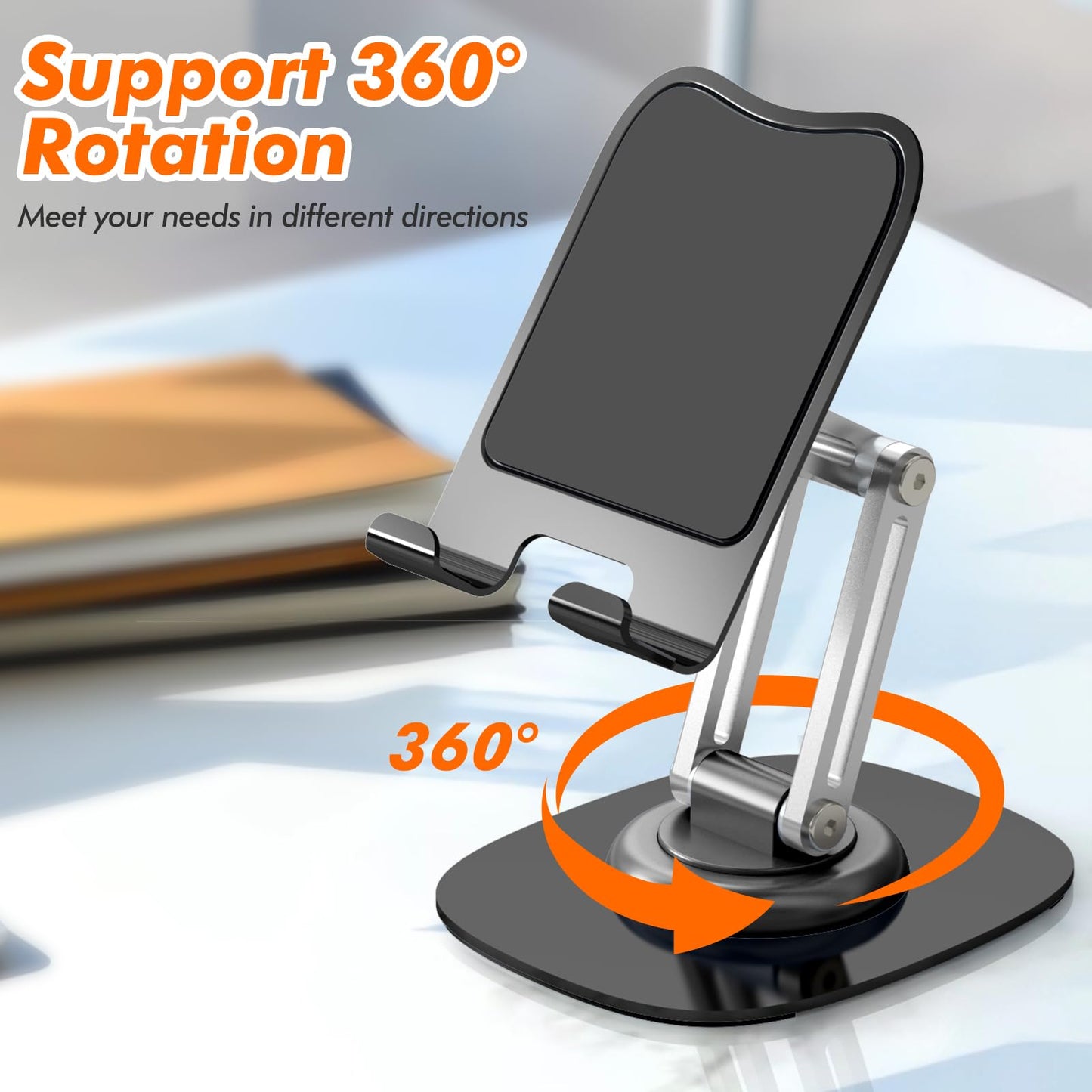 ZTGYGY Metal Phone Stand for Desk, Adjustable Foldable Desktop Phone Holder, 360 Degree Rotating Cell Phone Stand for Recording Compatible with iPhone 17 16 15 14 13 12 11 Pro, Black